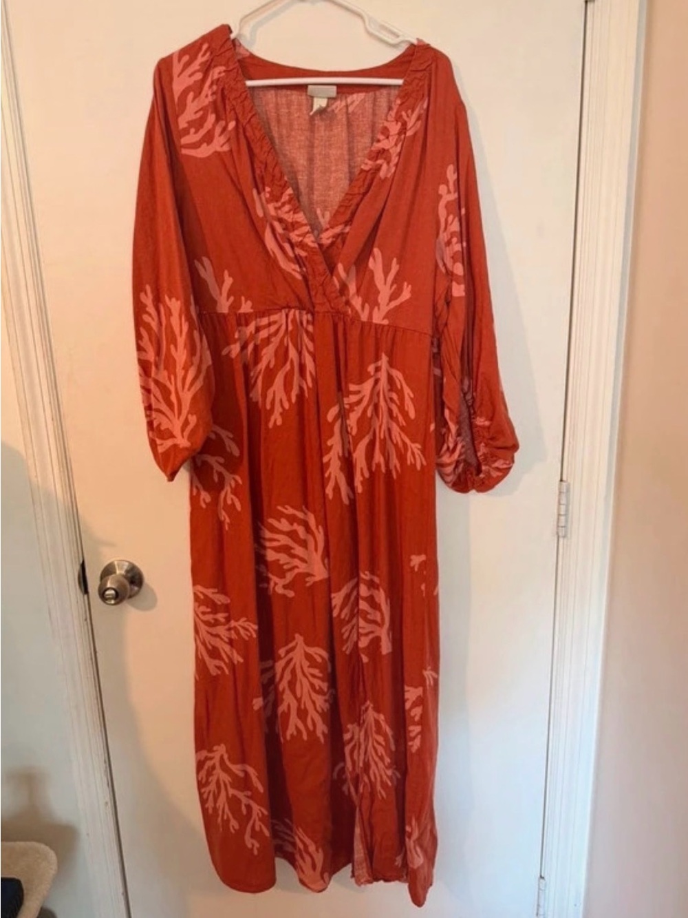 Women's Rust Coral Print Long Sleeve Maxi Dress